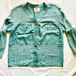 MZM Sport Top PM Turquoise Linen and fine Knit Button Down read